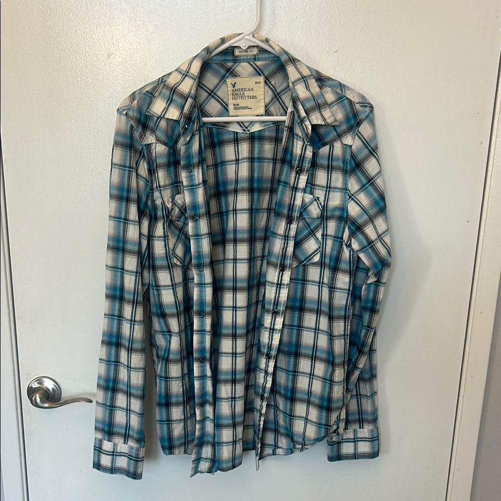American Eagle Outfitters Teal, Black & White Plaid Button-Down Shirt